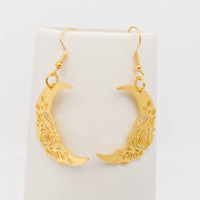 Load image into Gallery viewer, Golden Rose Pattern Moon Earrings
