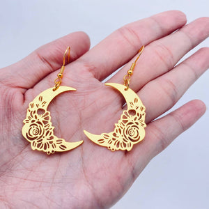 Golden Rose Pattern Moon Earrings